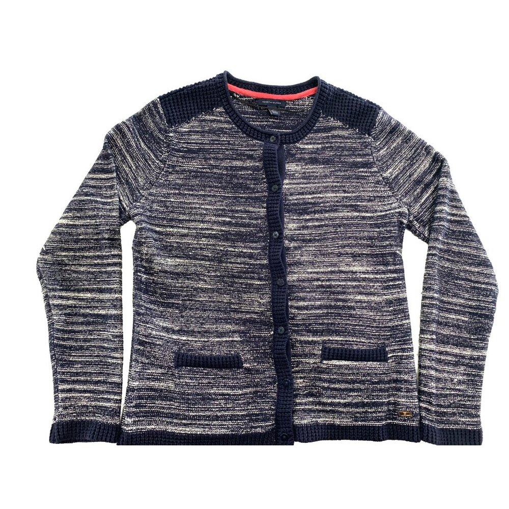 Tommy Hilfiger Sweater Womens Size XL Blue Cardigan Button Up Glitter Thread